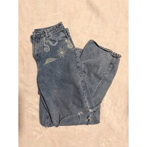 Shein Women Medium Wash Distressed Wide Leg Celestial Graphic Jeans Size M